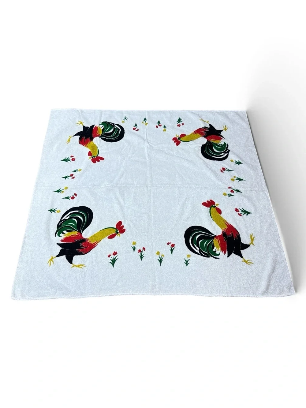 Vintage 1940s 50s Terrycloth Rooster Novelty Print Square Tablecloth 48x53”